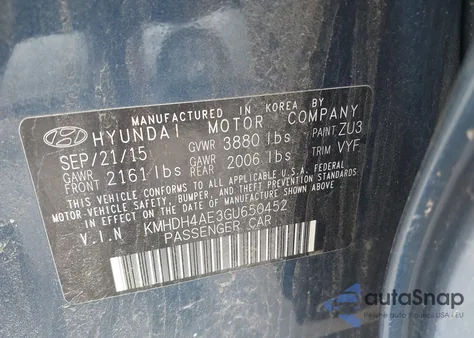 2016 Hyundai Elantra Se from USA, damaged, VIN KMHDH4AE3GU650452